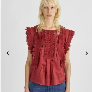 Isabel Marant Women's Embroidered Nell Crochet Laced Red Blouse Tunic Top M 34